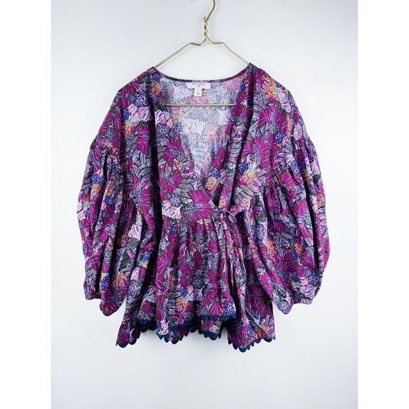 Kika Vargas Purple Floral Puff Sleeve Wrap Top In Size XL - Picture 1 of 7